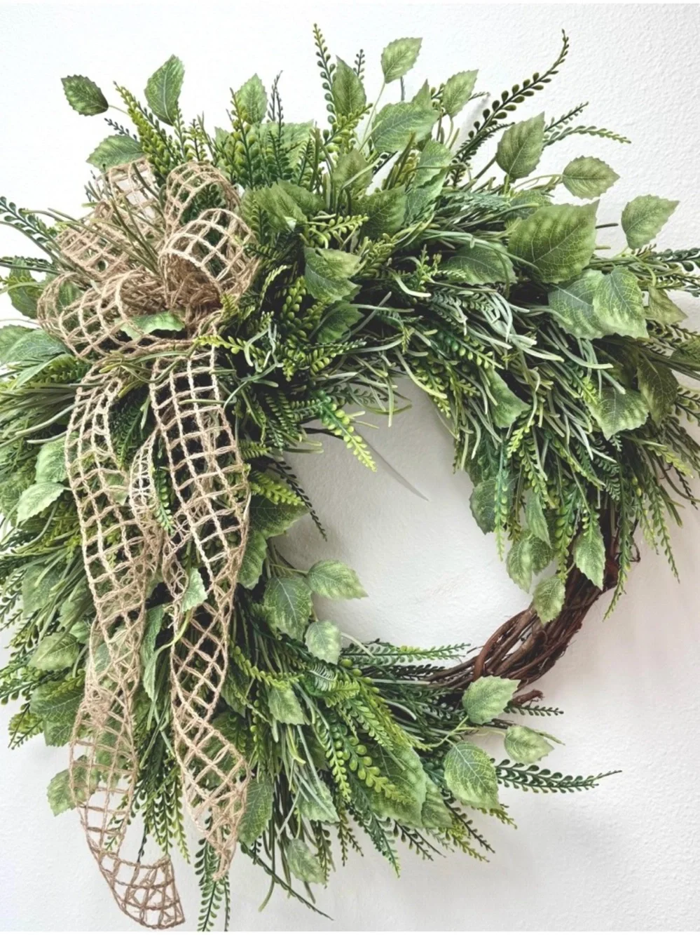 Year Round Wreath - Green Rustic Jute Bow Fern Wreath - Mother's Day